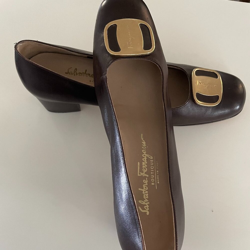 Salvatore Ferragamo Brown Leather Shoe with Gold Buckle
